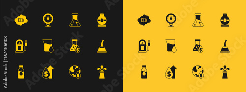 Set Oil tank storage, price increase, petrol test tube, drop with dollar symbol, CO2 emissions cloud and Motor gas gauge icon. Vector