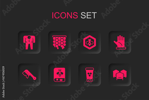Set Book about bee, Honeycomb, Beekeeper costume, Cosmetic tube with honey, glove, Hive for bees, and honeycomb and Beekeeping brush icon. Vector