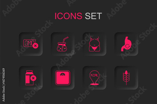 Set Bathroom scales, Fresh smoothie, No GMO, Kcal, Human stomach health, Wheat, Obesity and Lactose intolerance icon. Vector