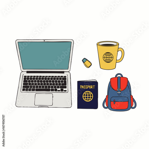 This illustration shows essential items for remote work and travel: a laptop, passport, backpack, coffee mug, and USB drive, perfect for digital nomads.
