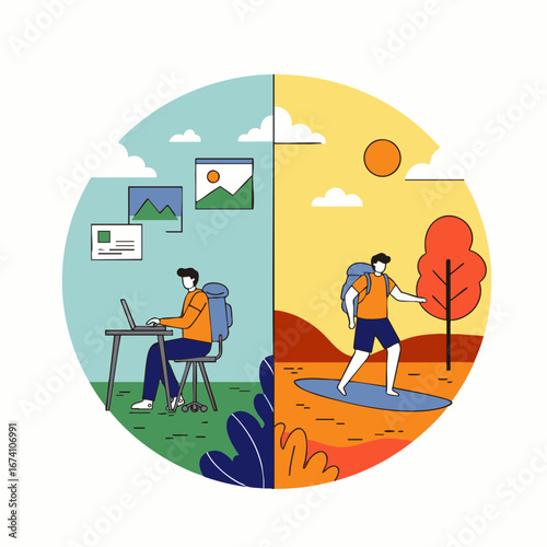 This vibrant illustration beautifully contrasts the modern digital nomad lifestyle, balancing productive remote work with adventurous outdoor leisure and travel experiences.