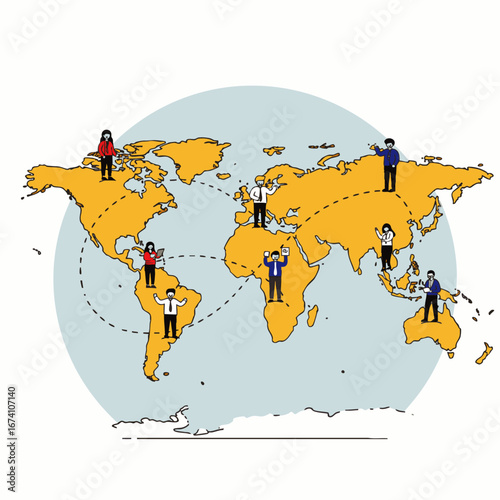 An illustrative depiction of a global network connecting diverse individuals across continents, symbolizing international communication and worldwide collaboration.