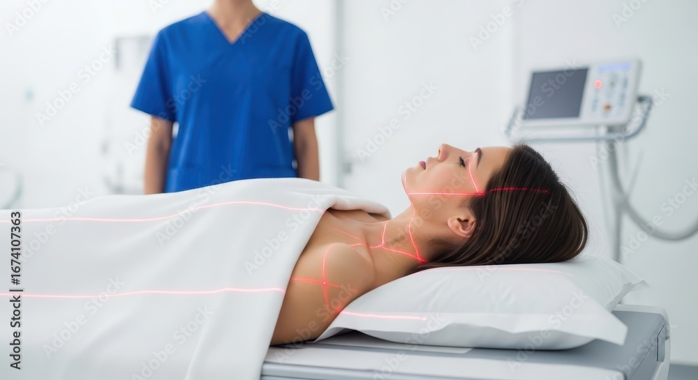 Obraz premium Female patient undergoing medical examination with laser alignment in a hospital setting for diagnostic imaging