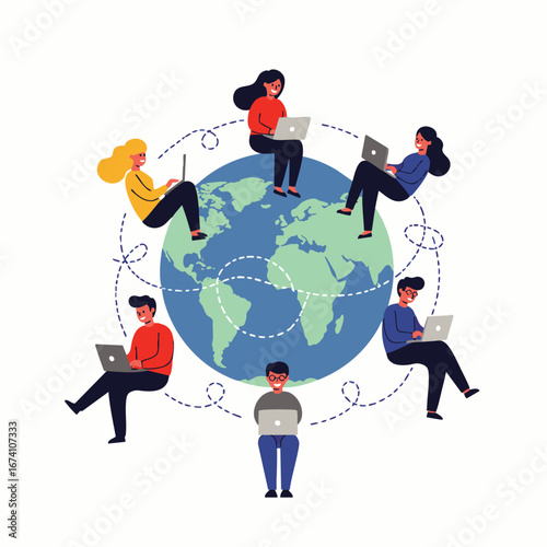 Diverse individuals from around the world are actively collaborating and working remotely, symbolizing global digital connectivity and a vibrant online community.