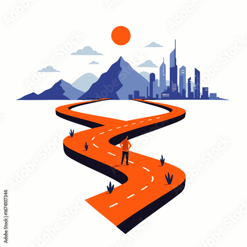 A person stands at a crucial crossroads, contemplating their path towards a city or mountains, symbolizing pivotal life decisions and career direction.