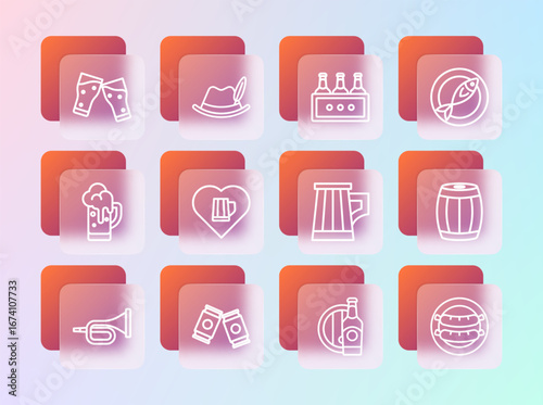 Set line Dried fish, Beer can, Wooden beer mug, bottle and wooden barrel, Heart with glass of, Pack bottles, Glass and Oktoberfest hat icon. Vector