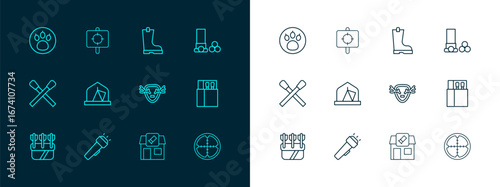 Set line Cartridges, Flashlight, Deer antlers on shield, Hunting shop, Tourist tent, Waterproof rubber boot, Paw search and Target sport icon. Vector