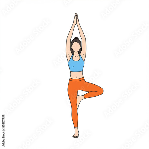 Woman performing yoga tree pose, balancing on one leg with arms raised overhead