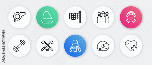 Set line Badminton shuttlecock, Stopwatch, Dumbbell, Racing helmet, Bowling pin, Checkered flag, Heart rate and Ice hockey sticks and puck icon. Vector