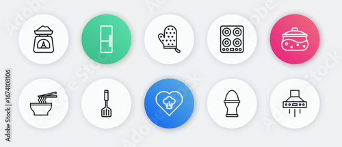 Set line Chef hat, Cooking pot, Asian noodles bowl, Chicken egg on stand, Gas stove, Oven glove, Kitchen extractor fan and Spatula icon. Vector