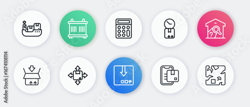 Set line Carton cardboard box, Warehouse check, Document tracking marker, Cardboard with clock, Calculator, Broken and icon. Vector