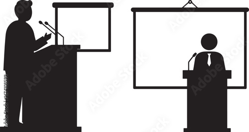 Two business people giving presentations at podiums with projection screens silhouette isolated on white background