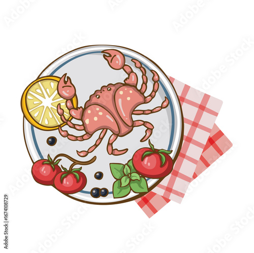Dish crab with tomatoes and lemon color cartoon