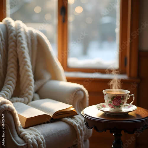 Cozy Reading Nook with Steaming Cup of Tea and Book by Window