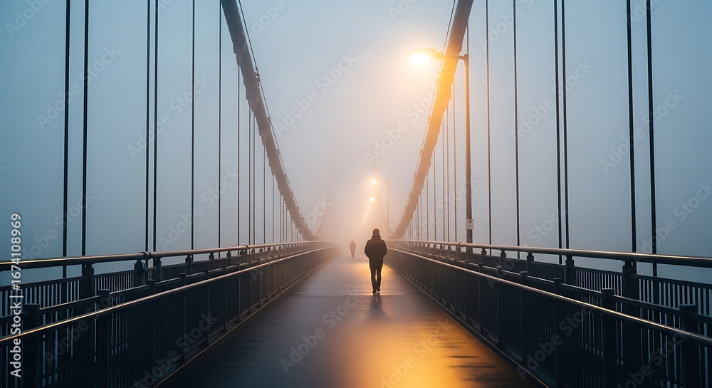 Fototapeta premium Vectore illustration of a lone figure walks across a suspension bridge shrouded in thick fog, illuminated by streetlights
