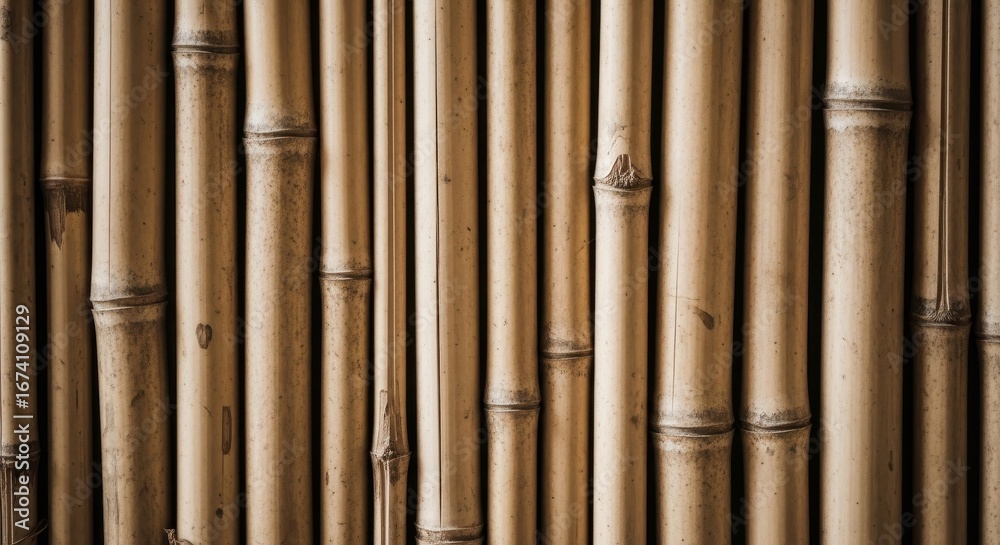 Naklejka premium Close-up of natural dried bamboo stalks forming a textured background, showcasing their organic pattern and earthy tones
