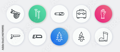 Set line Tree, Protective gloves, Hand saw, Toolbox, Chainsaw, Waterproof rubber boot and Hacksaw icon. Vector