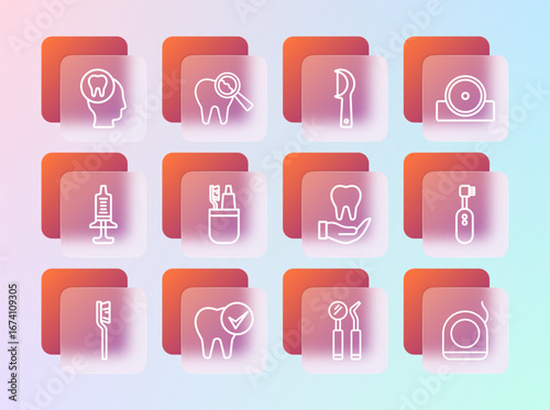 Set line Otolaryngological head reflector, Tooth, Dental mirror and probe, Toothbrush toothpaste, floss, Toothache and Broken icon. Vector