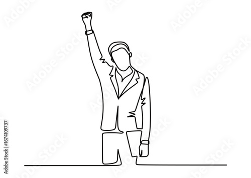 continuous line art of a man in a work suit raising his hands and feeling happy about his work accomplishment. the concept of success and achievement in work. celebrating success