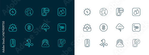 Set line Water drop, Rooster weather vane, Cloud and lightning, Rainbow with cloud, Compass south, Thermometer, Solar energy panel and Moon phases icon. Vector