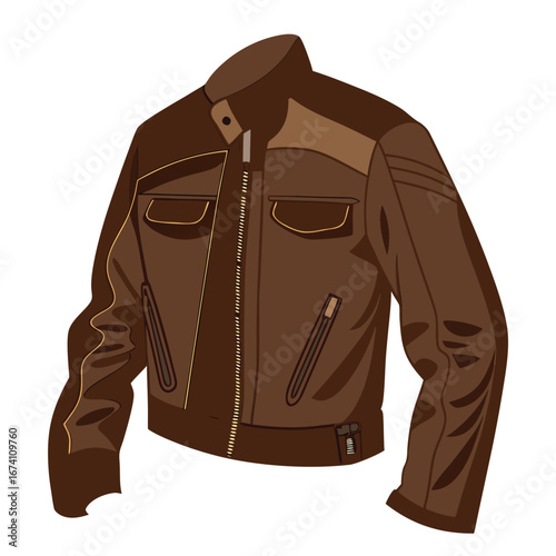 Brown leather jacket with zipper and pockets vector