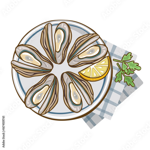 Dish with mussels and lemon color cartoon