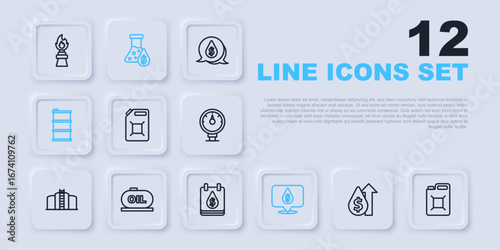 Set line Oil price increase, Canister for gasoline, drop with dollar symbol, Barrel oil, tank storage, petrol test tube and icon. Vector