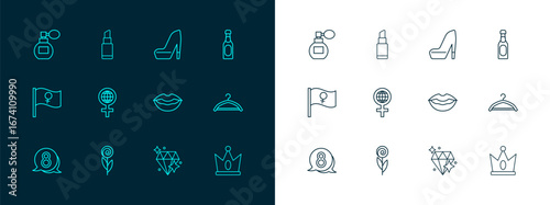Set line Champagne bottle, Flower, Smiling lips, Diamond, International Women Day, Woman shoe, Perfume and Lipstick icon. Vector