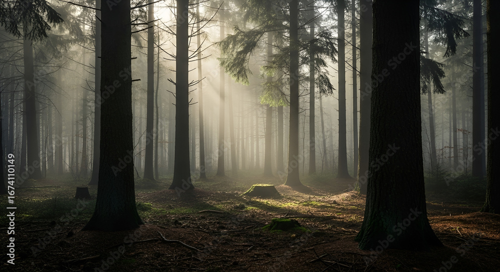 Fototapeta premium Sunlight streams through a misty forest, illuminating tall trees and the forest floor.