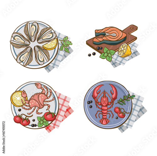 Set of Seafood dishes color cartoon