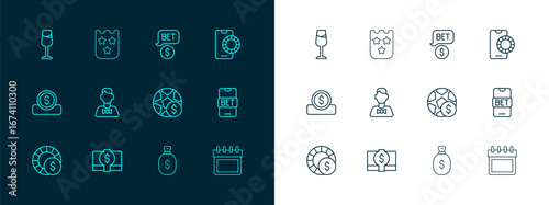 Set line Online sports betting, Stacks paper money cash, Football, Money bag, Casino dealer, chip with dollar, Wine glass and Lottery ticket icon. Vector