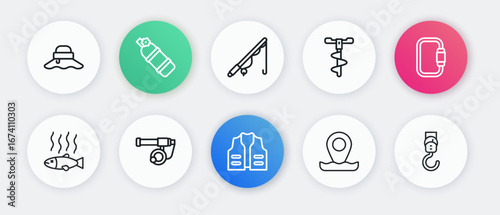 Set line Fishing jacket, Carabiner, Dead fish, Location fishing, Hand ice drill, rod, Spring scale and icon. Vector
