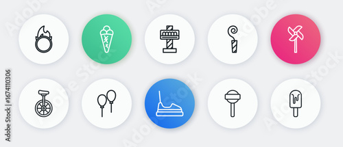Set line Bumper car, Pinwheel toy, Unicycle, Lollipop, Birthday party horn, Attraction carousel, Ice cream and Balloons with ribbon icon. Vector