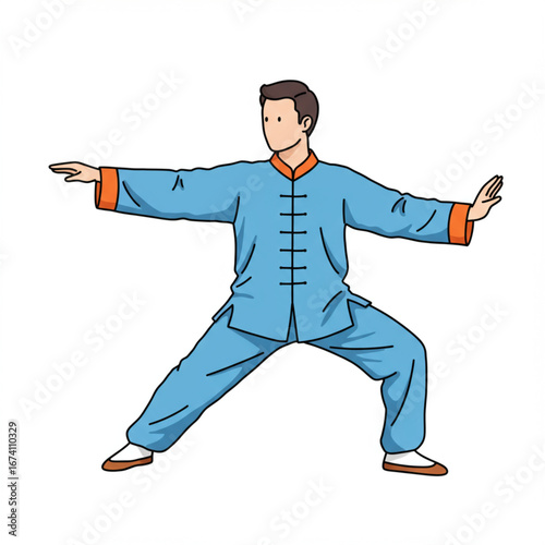Isolated illustration of a man in traditional blue attire practicing a Tai Chi or Qigong stance, symbolizing discipline, health, and spiritual balance