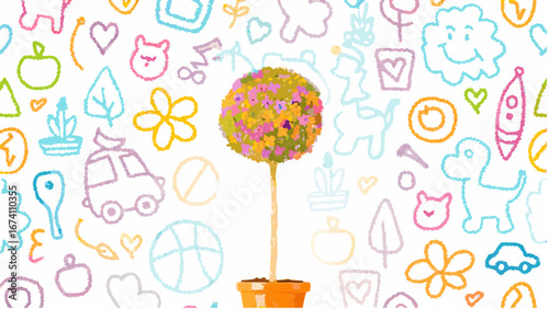 Illustration of a potted topiary tree with colorful doodles in the background creating a whimsical scene silhouette
