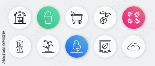 Set line Fruit tree, Colorado beetle, Water tower, Seeds of specific plant, Sprout, Wheelbarrow, Cloudy weather and icon. Vector
