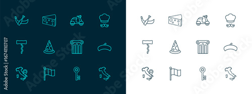Set line Italian cook, Flag Italy, Ancient column, Old key, Slice of pizza, Scooter, Gondola boat and Cheese icon. Vector