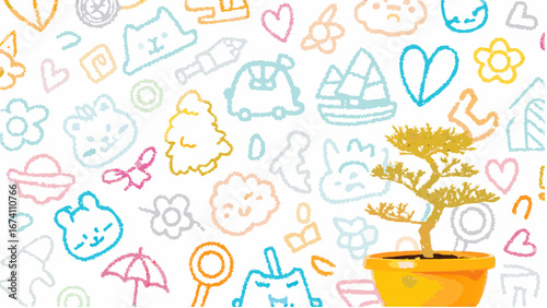 Illustration featuring a bonsai tree with cartoonish doodles and drawings in the background art style silhouette