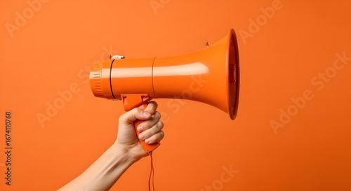 Announce loudly with this vibrant orange megaphone held by a hand against a bright background