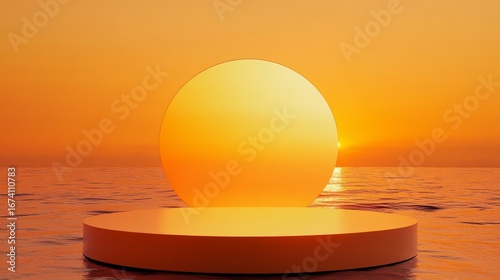 an orange round podium in the sunset sea background