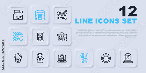 Set line Cryptocurrency coin Bitcoin, Radioactive warning lamp, Cryogenic capsules, Humanoid robot, Neural network, Computer vision, Cloud database and Internet piracy icon. Vector