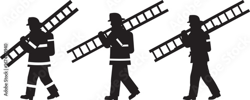 Three chimney sweeps in silhouette carrying ladders isolated on white background