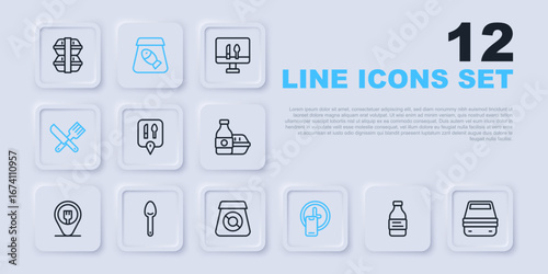Set line Bottle of water, Lunch box, Cafe and restaurant location, Round the clock delivery, Crossed knife fork, Spoon, Online ordering fish and food icon. Vector