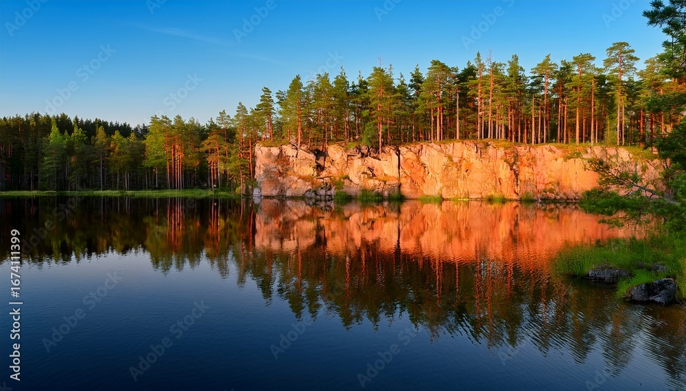 Fototapeta premium calm forest lake with tall pine trees and red rocky cliff reflecting in smooth water during golden hour