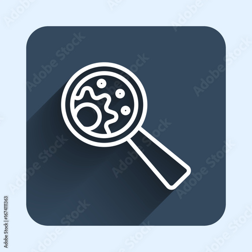 White line GMO icon isolated with long shadow background. Genetically modified organism acronym. Dna food modification. Blue square button. Vector