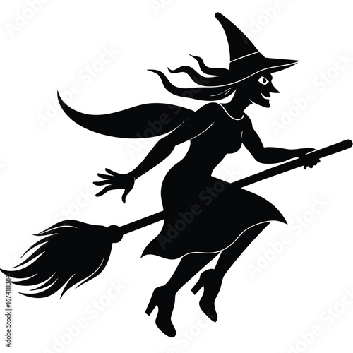 Black silhouette of a witch flying on a broomstick 2