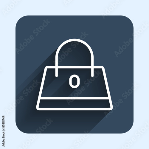 White line Handbag icon isolated with long shadow background. Female handbag sign. Glamour casual baggage symbol. Blue square button. Vector