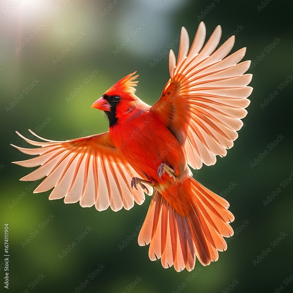 Fototapeta premium Male Northern Cardinal in Flight with Spread Wings on Soft Green Background.