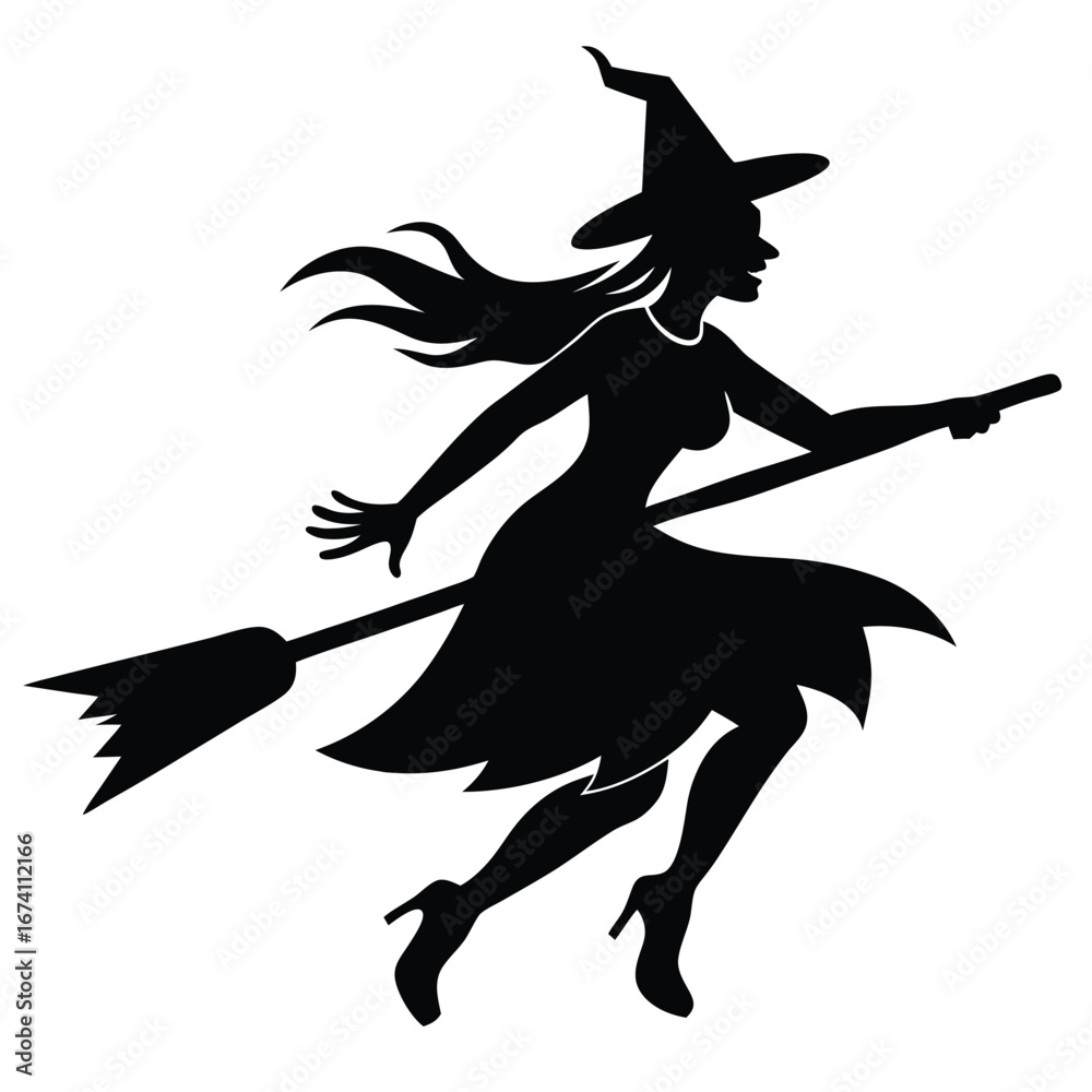 Fototapeta premium Black silhouette of a witch flying on a broomstick 4