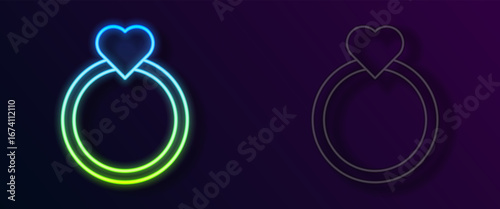 Glowing neon line Diamond engagement ring icon isolated on black background. Vector
